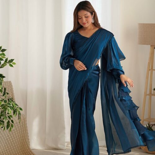 Teal Blue Color Jimmy Choo Pre Drapped Saree