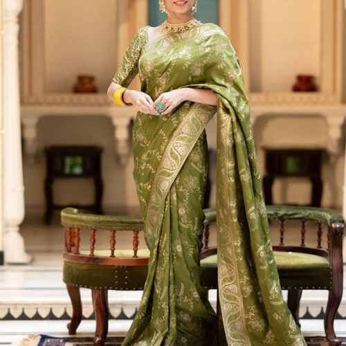Mehndi Color Banarasi Jacquard Zari Weaving Saree