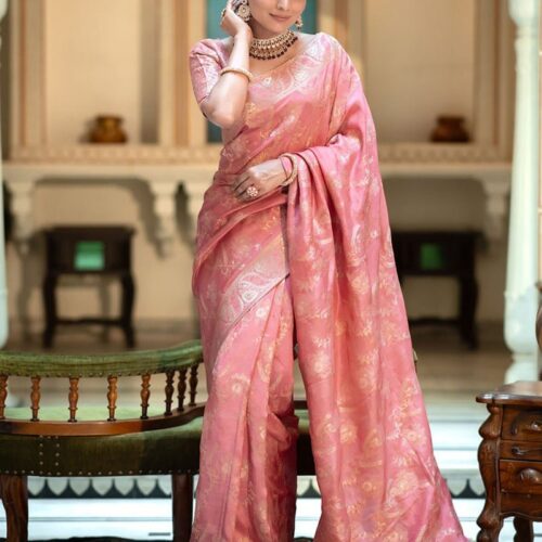 Orange Color Banarasi Jacquard Zari Weaving Saree