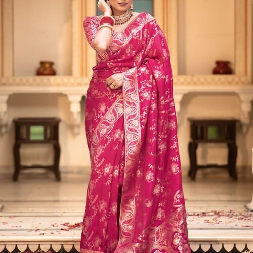 Rani Pink Color Banarasi Jacquard Zari Weaving Saree