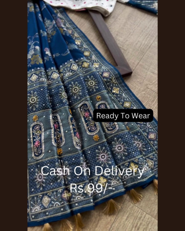 Royal Indigo Silk Saree with Sun-Motif Artistry