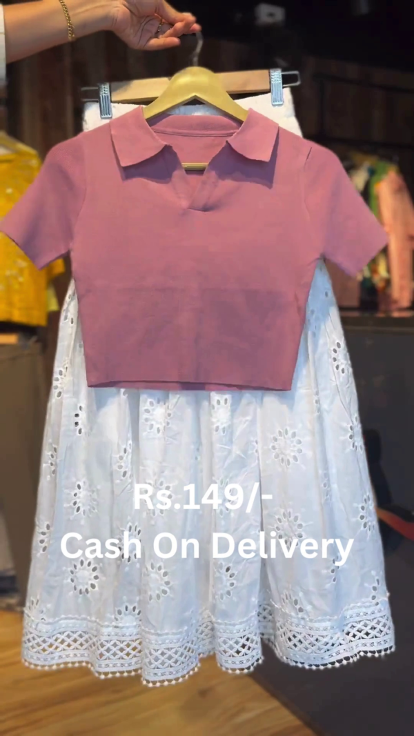 Casual Chic: Mauve Polo Crop Top & Eyelet Midi Skirt
